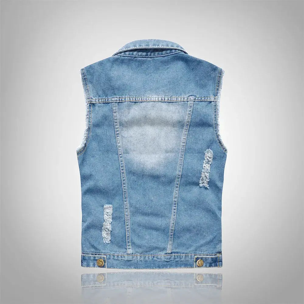 Men's light-blue ripped denim vest, sleeveless waistcoat with distressed patches (back view)