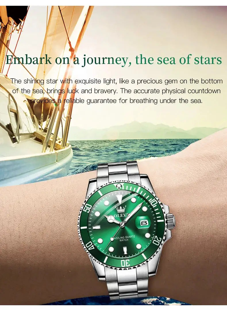 OLEVS diving watch for men with green dial, stainless steel bracelet, date window, water resistant