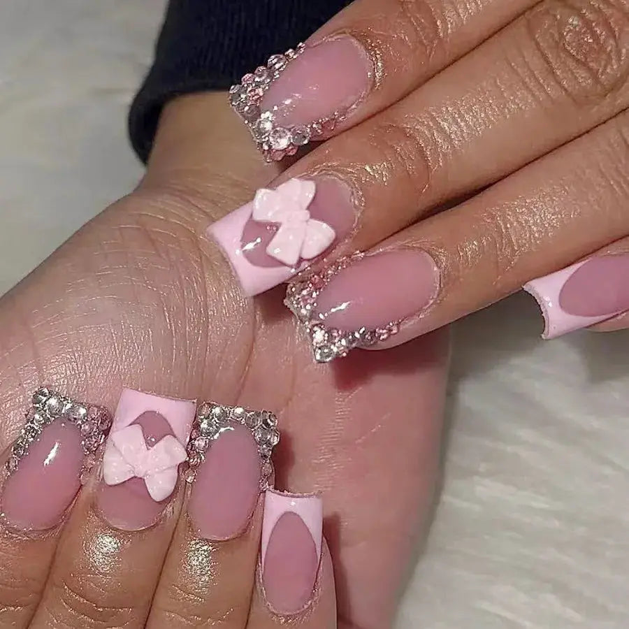 LuxeNail Blush Pink False Nails Bowknot Diamond Pearl Design Press On Nail Tips Harmless Smooth Edge Safe DIY Mani