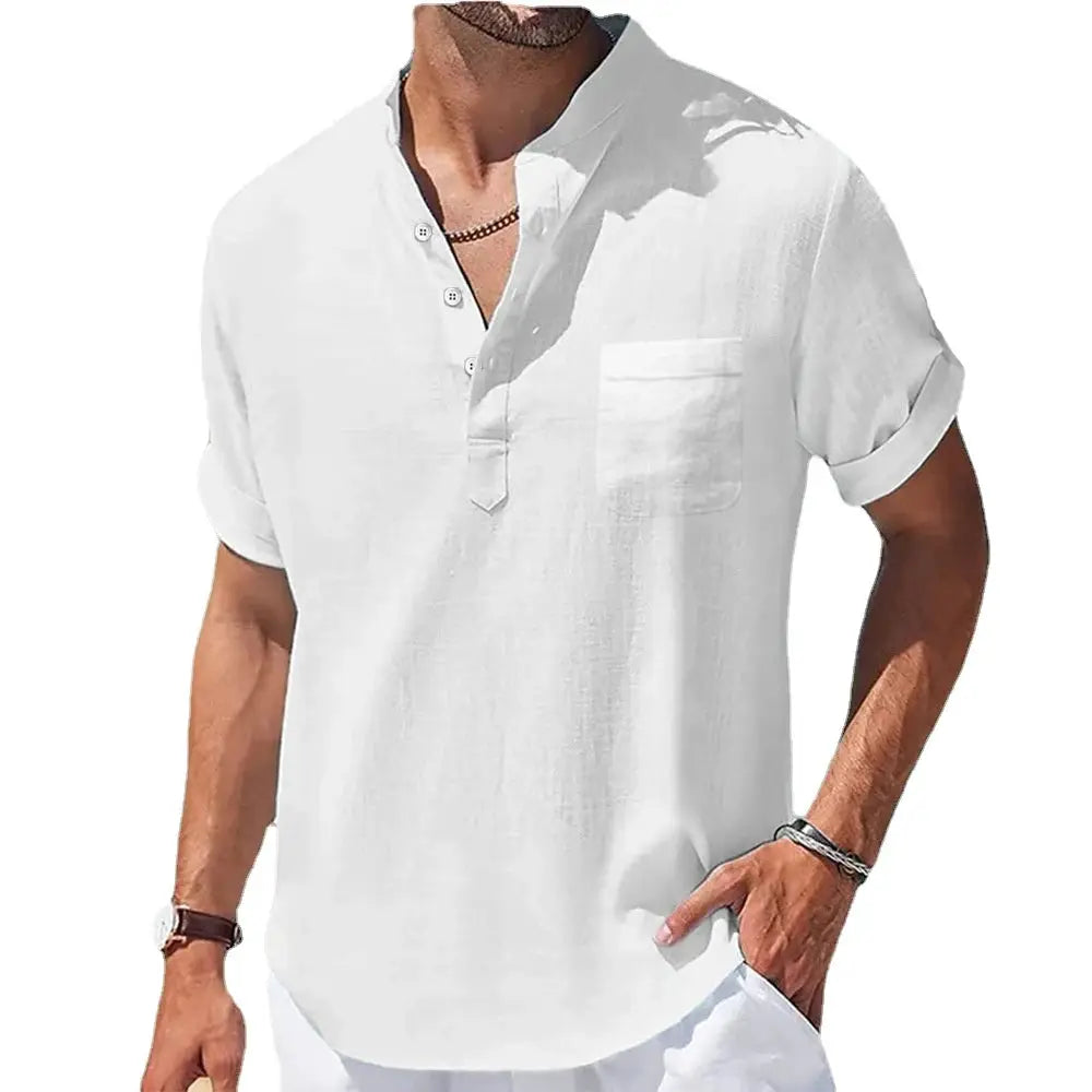 Men's white linen stand-up collar short-sleeve shirt with chest pocket, rolled sleeves, Simples Market.