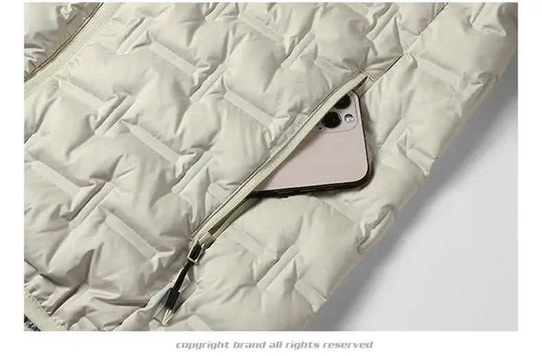 Men's winter white down jacket with hood, quilted pleats and zip pocket