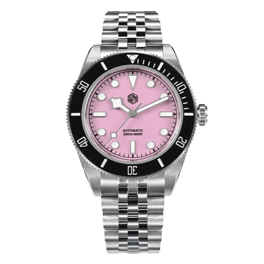 San Martin BB Diver watch with pink dial and stainless steel bracelet