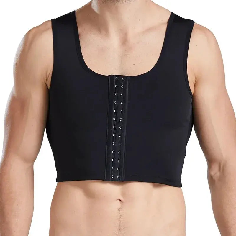 Men's Gynecomastia Shaper Vest by Simples Market, black short compression top with front hook closure
