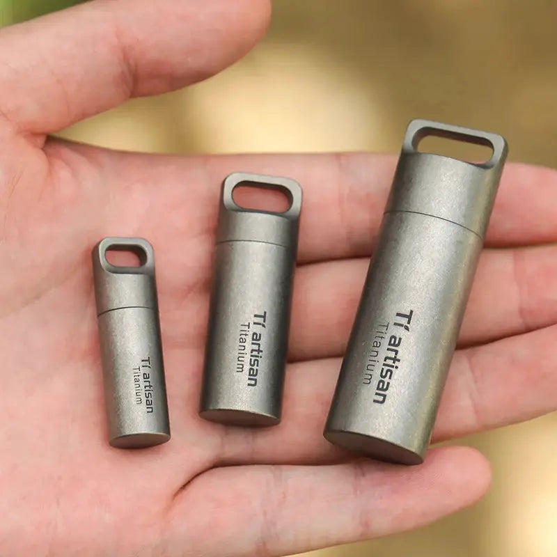 Tiartisan Titanium Mini EDC Pill Boxes set of 3 in metallic gray, waterproof sealed medicine bottles