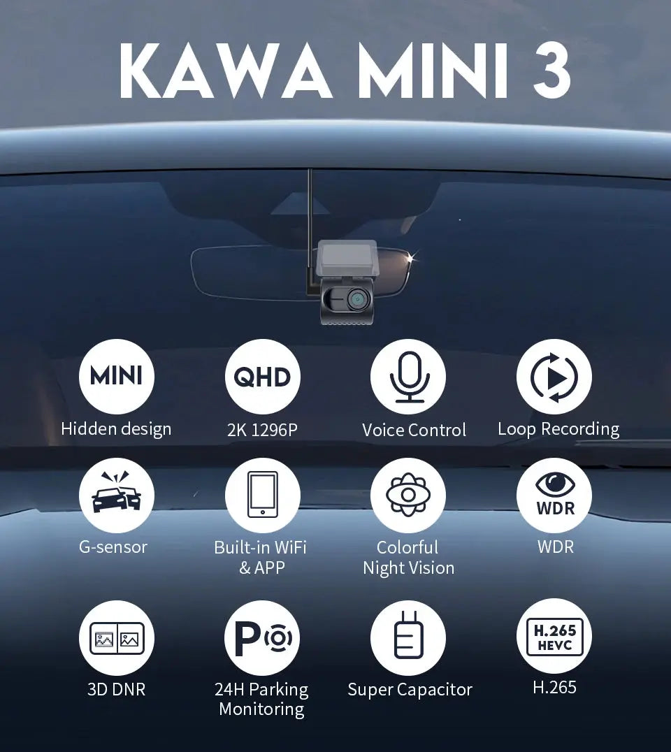 KAWA MINI 3 dash cam for cars with 2K video and built-in WiFi & app