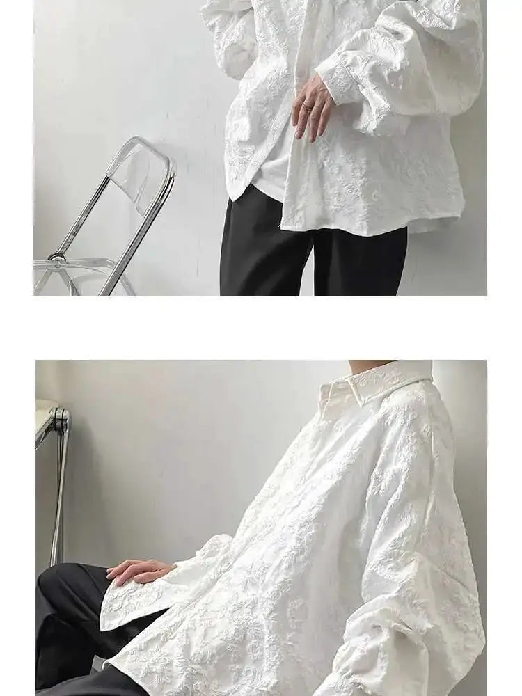 White 2XL crumpled jacquard shirt with turn-down collar and bat-wing sleeves, loose fit