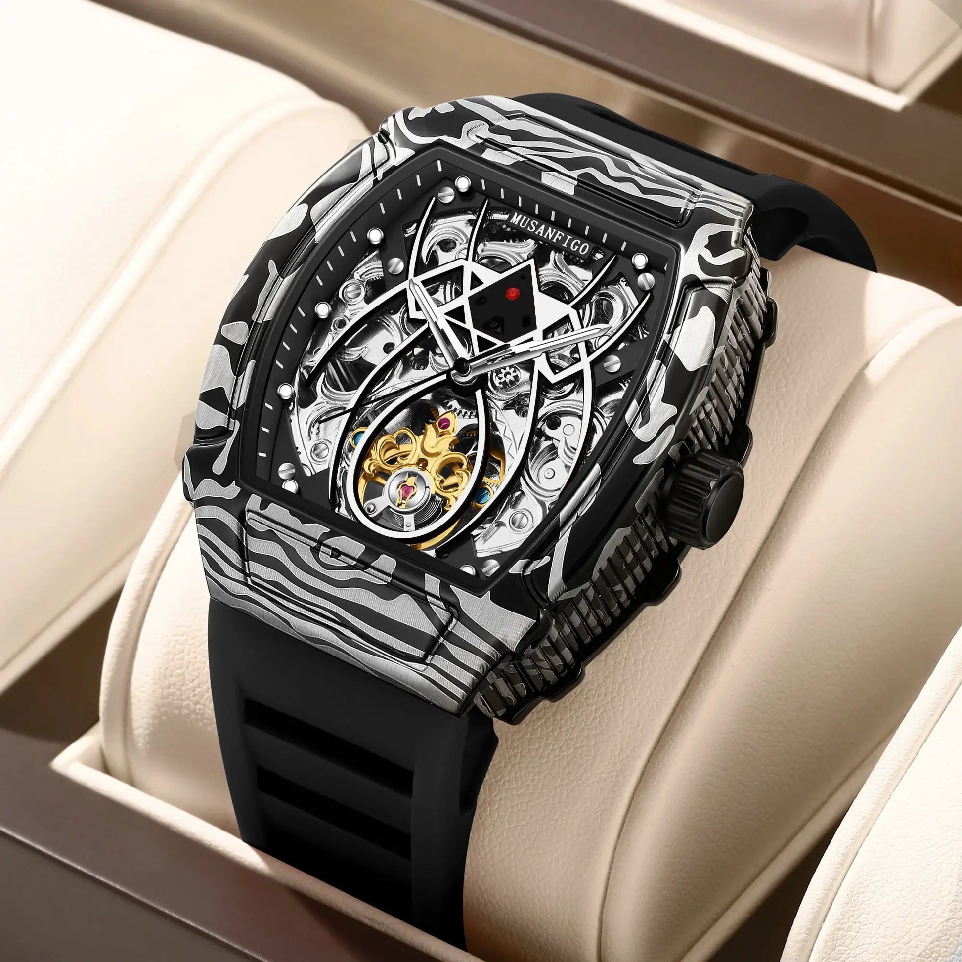 MUSANFIGO automatic hollow mechanical watch with camouflage barrel-shaped case, skeleton dial, and black silicone strap