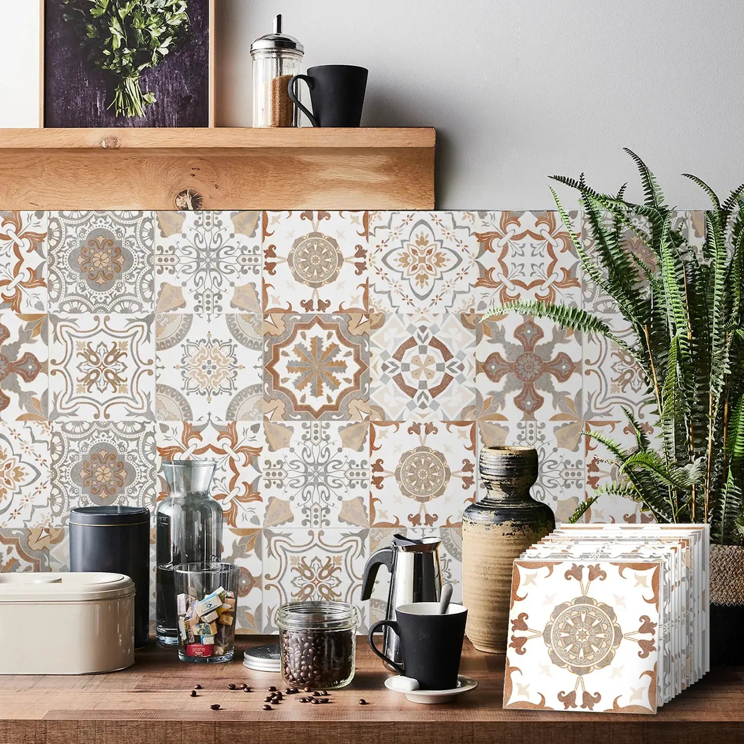 Tile self-adhesive wall stickers, 24-piece set, peel-and-stick, waterproof backsplash with beige-brown ornate patterns