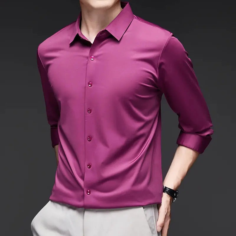 Premium men's ultra-stretch silky shirt by Simples Market, magenta long-sleeve business casual