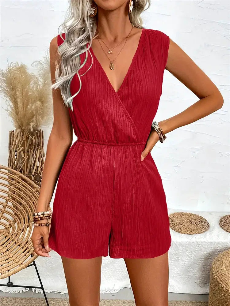 Simples Market red women's romper jumpsuit with sleeveless cross V-neck, crinkled fabric