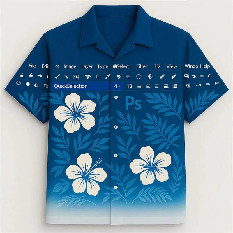 Blue Hawaiian shirt with white hibiscus flowers and a Photoshop toolbar overlay across the chest.