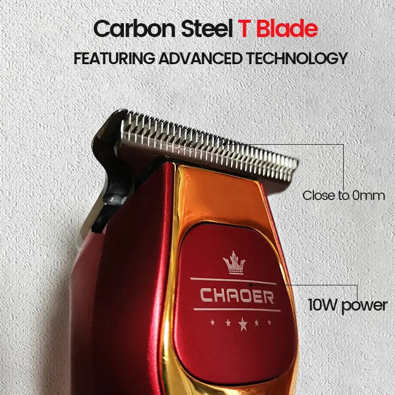 Powerful professional hair trimmer with red metallic body and carbon steel T-blade, 10W power, close to 0mm.