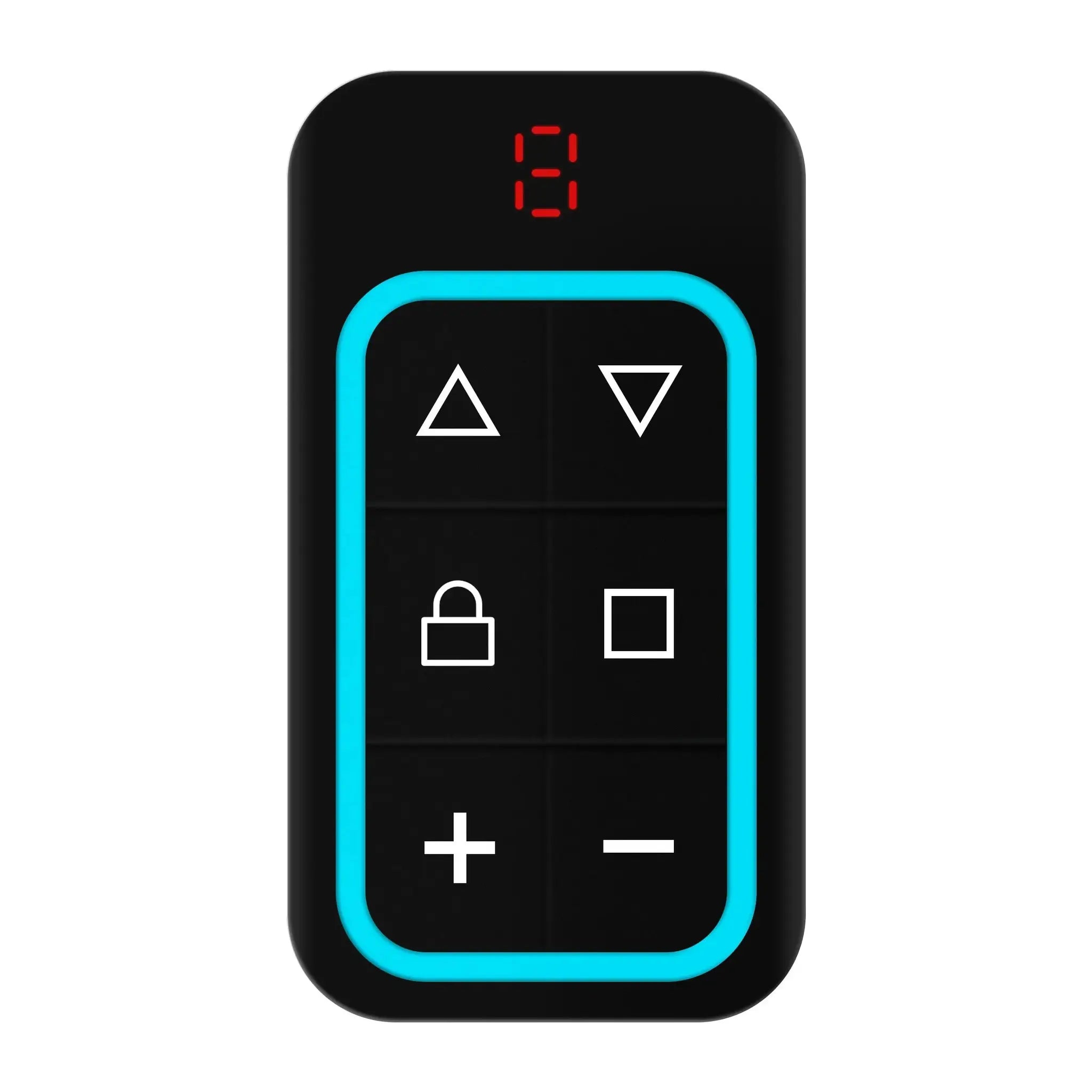 Garage door remote duplicator in black; multi-frequency 300–915MHz with cyan border