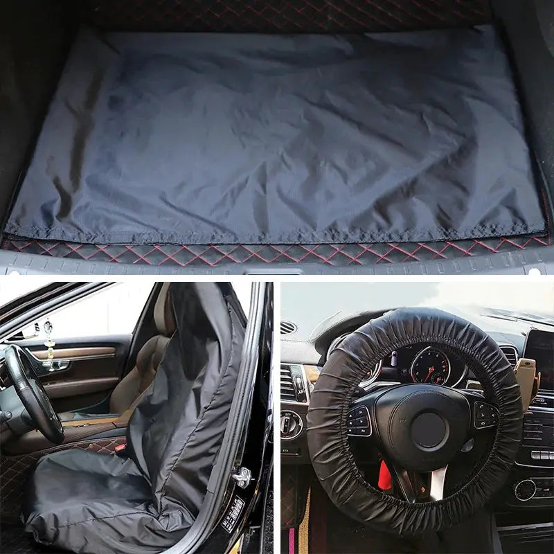 Universal black 3-piece car interior protector set: seat cover, steering wheel cover, trunk mat, red stitched edges