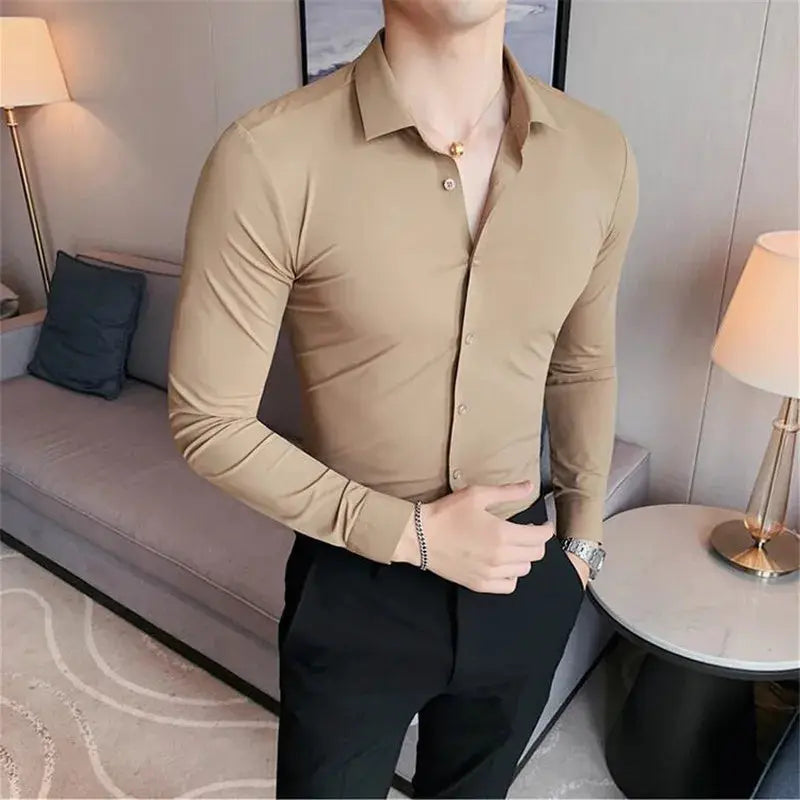 Men's beige seamless long-sleeve shirt, high-elasticity, slim fit