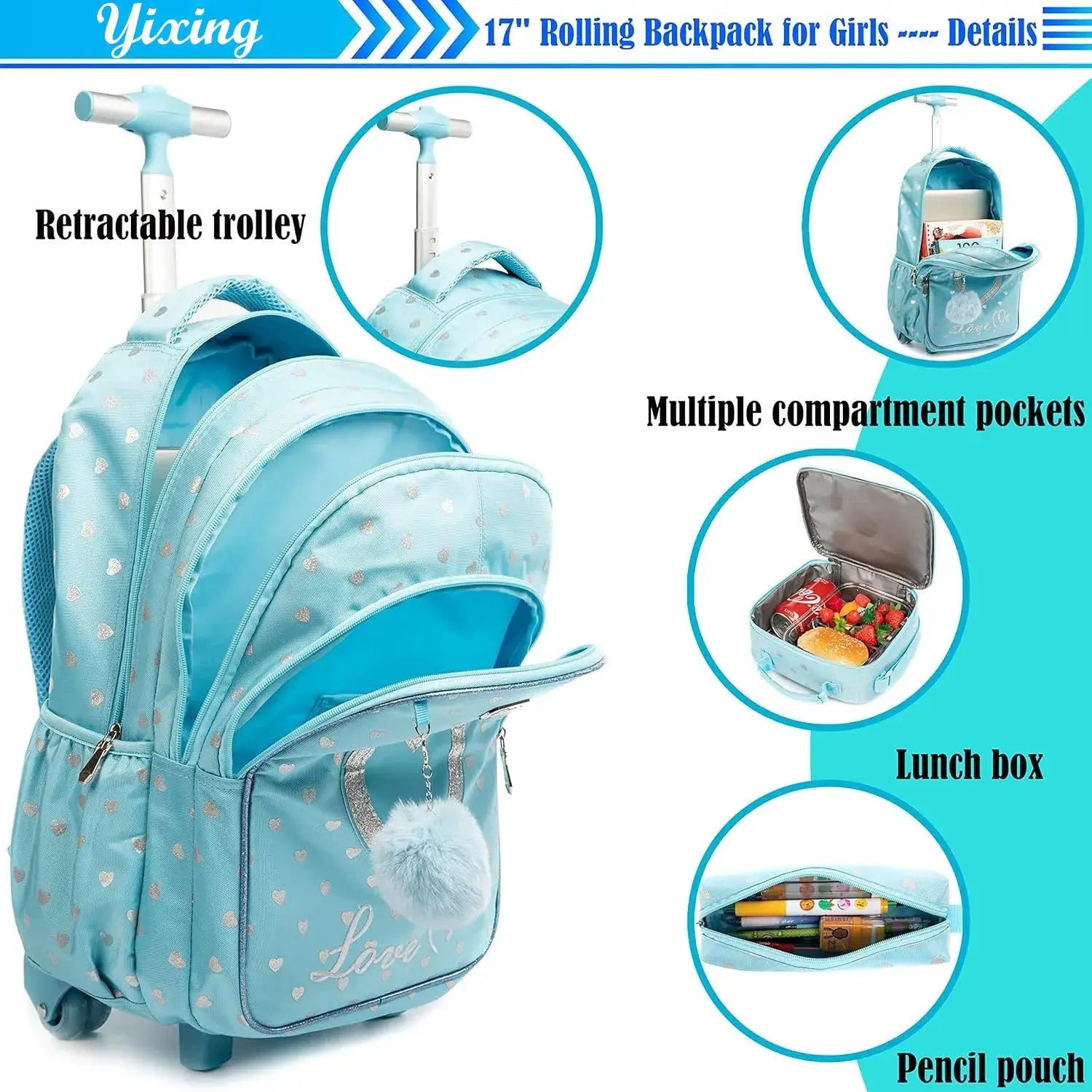 Children's wheeled backpack set in light blue with silver heart pattern; includes lunch box and pencil pouch