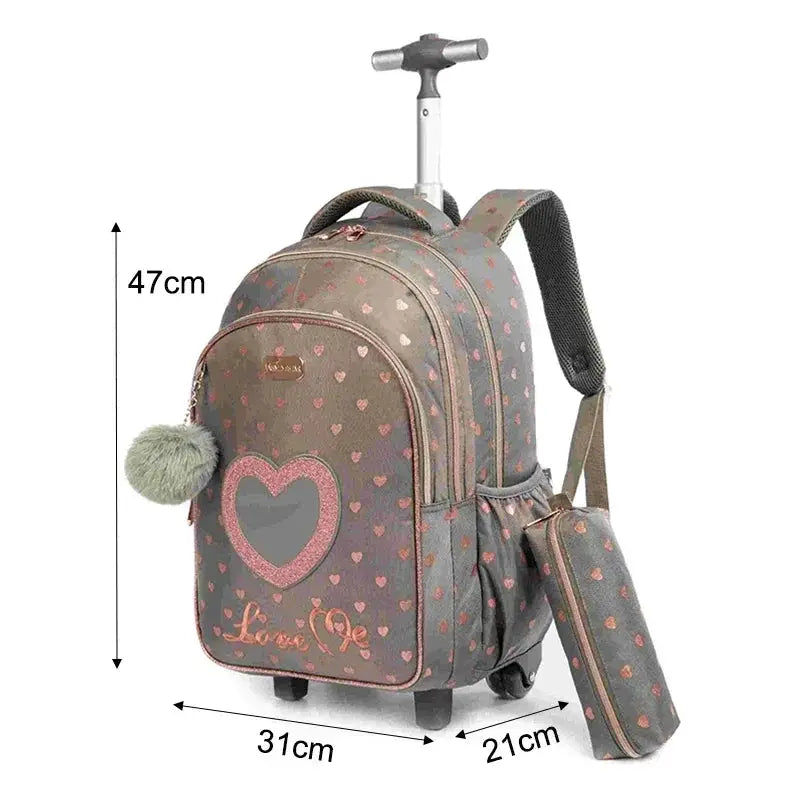 Simples Market children's wheeled backpack in gray with pink heart pattern; includes lunch box