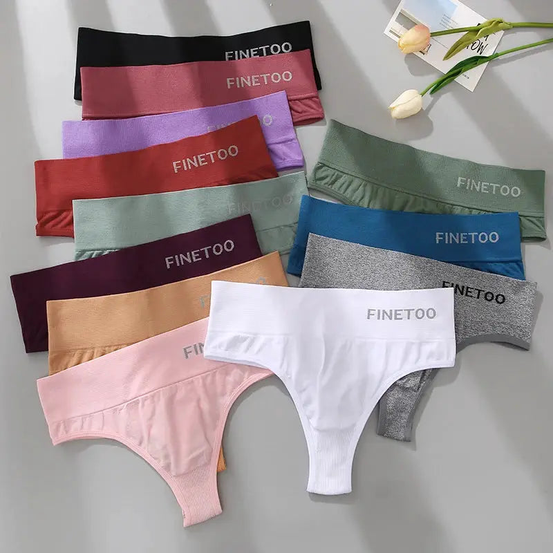 FINETOO women's thong underwear in assorted colors (M-2XL) with logo waistband.