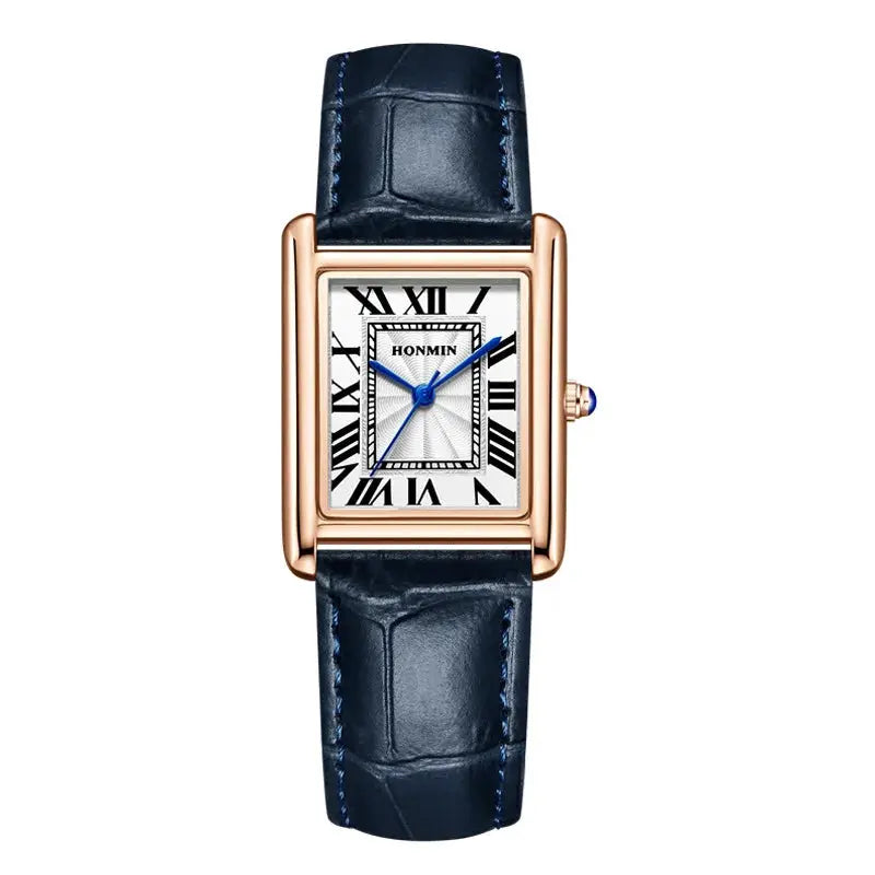 Rectangular rose-gold wristwatch with blue leather strap, Roman numeral dial, and blue hands (HONMIN).