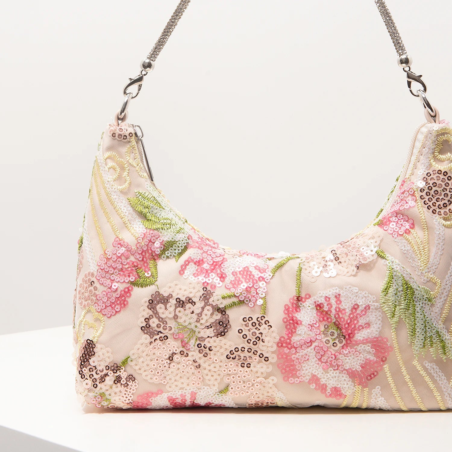 Shoulder bag with pink floral sequin embroidery and chain strap, Simples Market