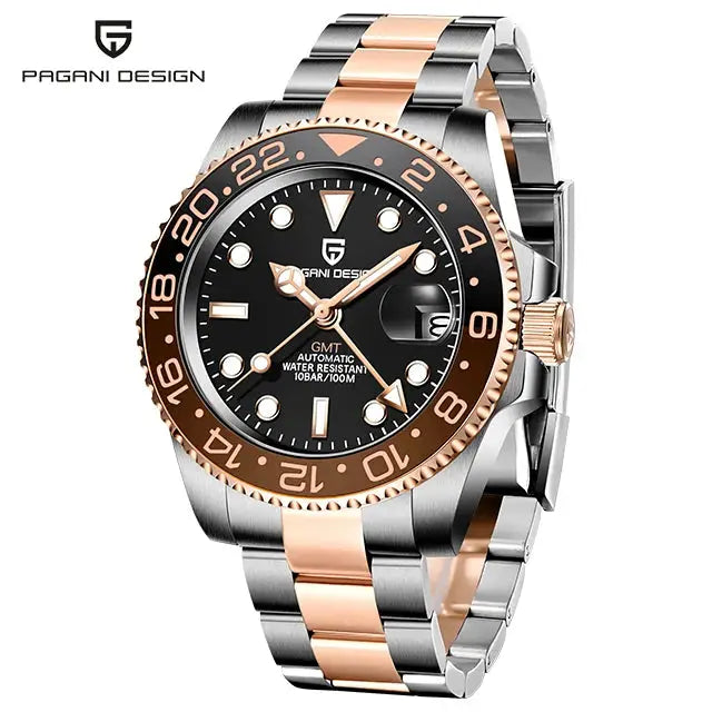 Pagani Design V3 GMT men's automatic watch, two-tone stainless steel with rose-gold bezel, black dial.