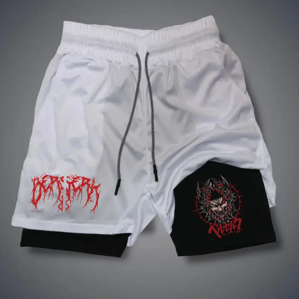 2-in-1 men's compression shorts with phone pockets; white outer with black inner panel and red graphic logos on the legs.