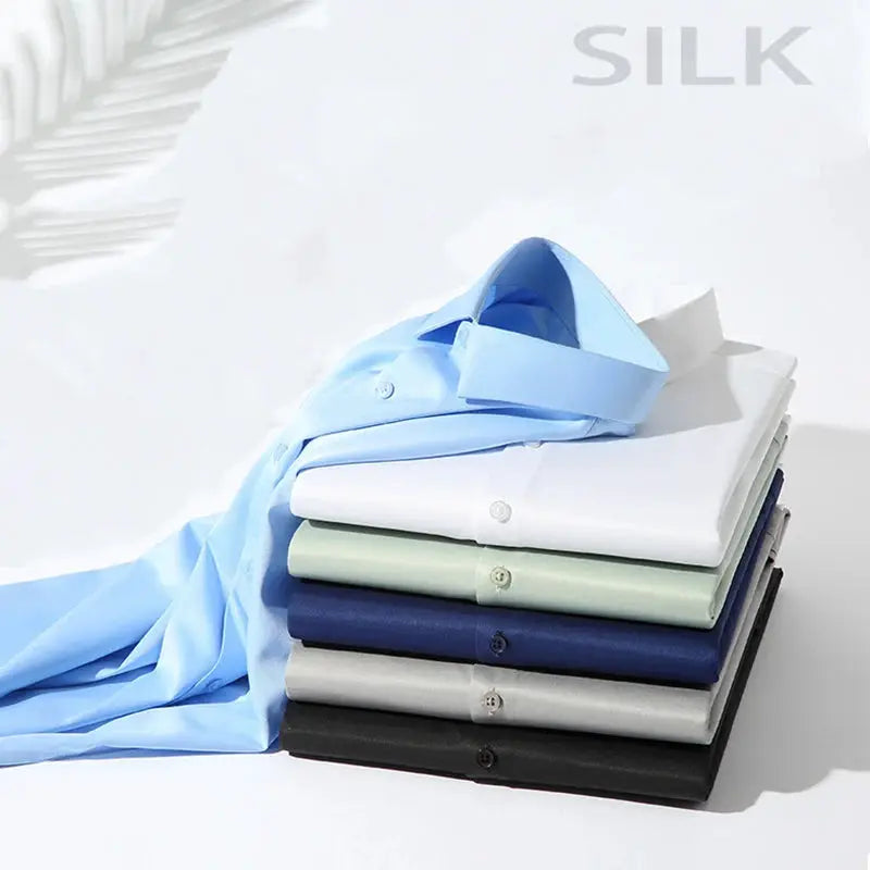 Men's wrinkle-resistant solid-color dress shirts stacked in blue, white, mint, navy, gray, and black.
