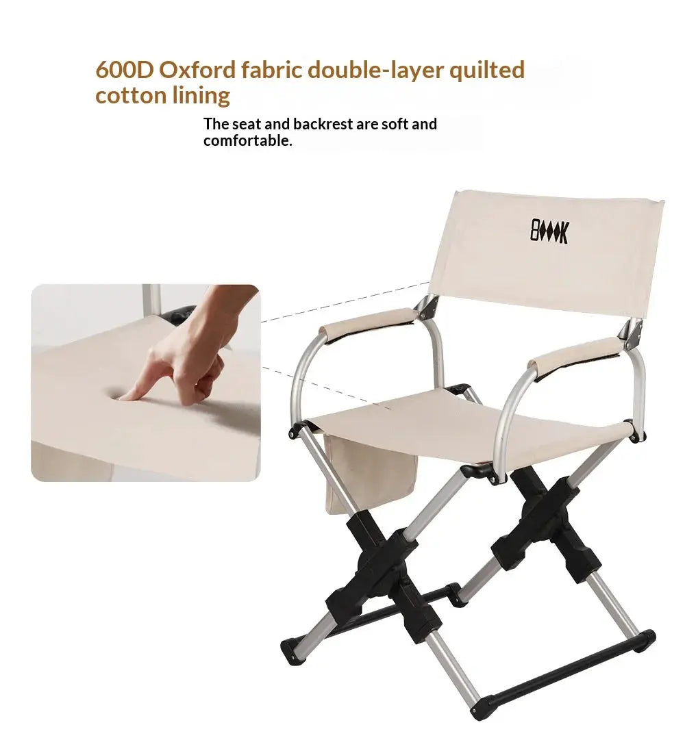 Simples Market outdoor foldable director chair with aluminum alloy frame and beige fabric.