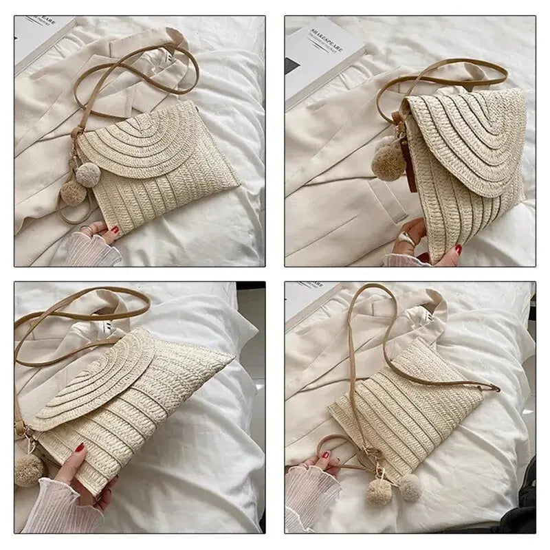 Handmade straw beach crossbody bag with envelope flap, natural beige weave and pom-pom tassels