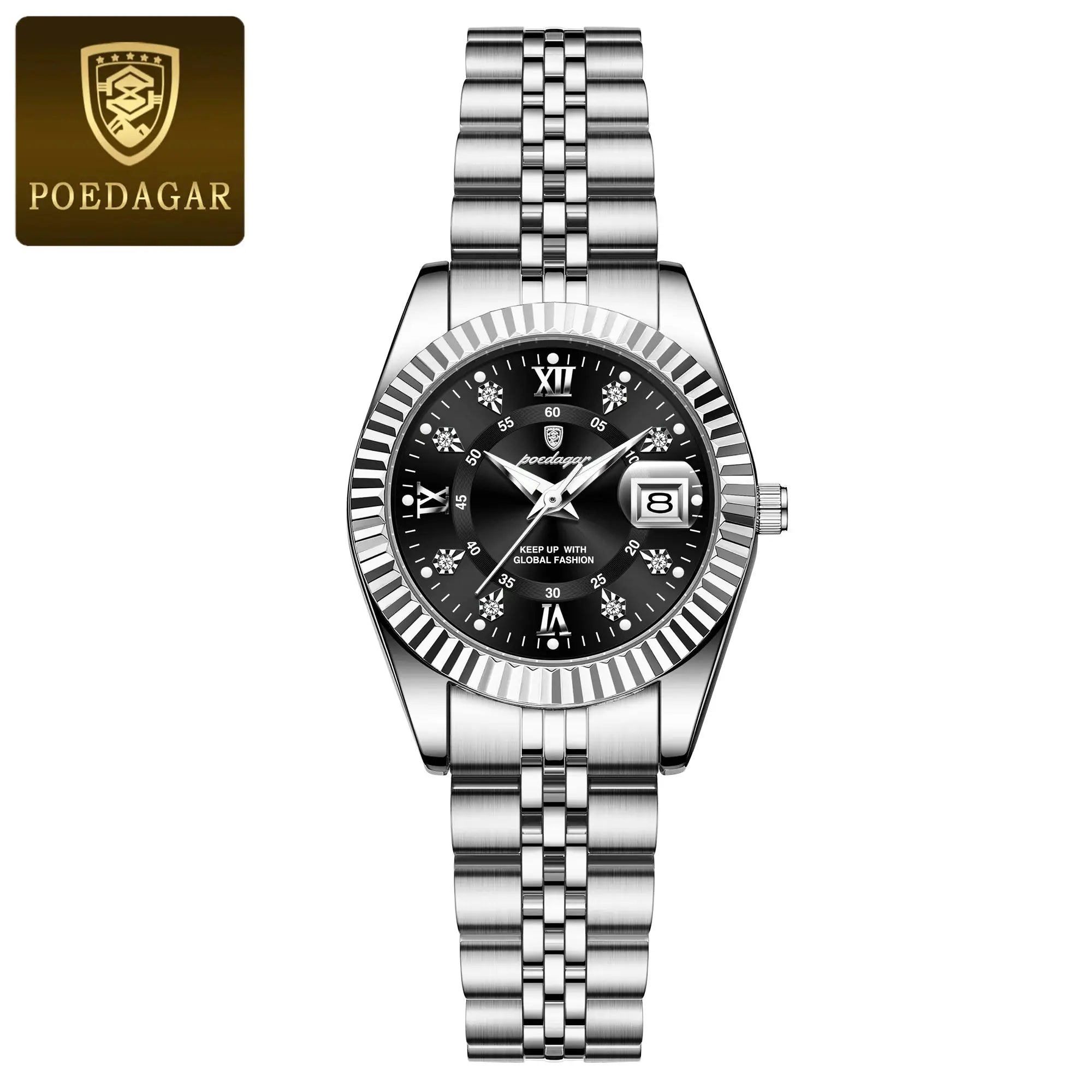 POEDAGAR stainless steel luxury women's watch with black dial, date window, crystal markers, and polished bracelet.