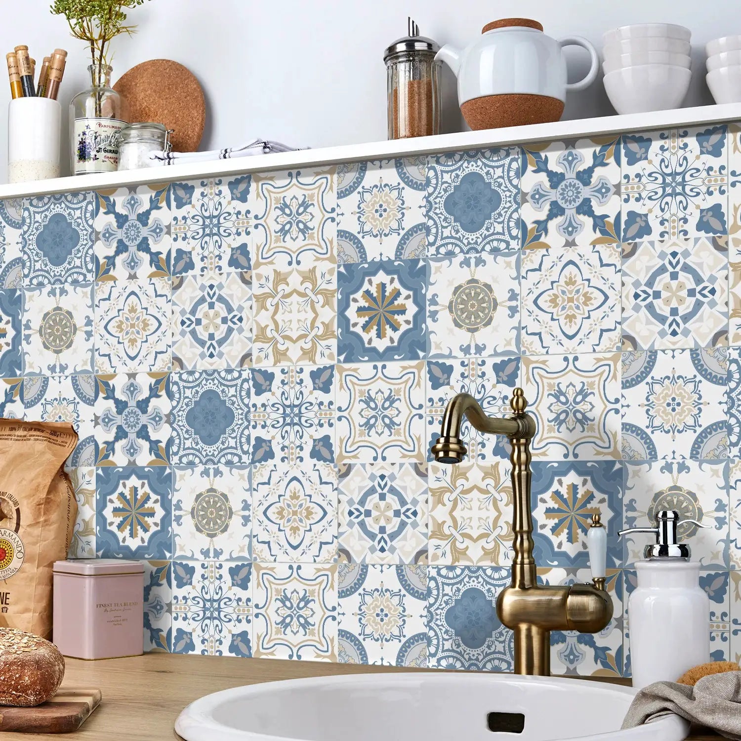 Simples Market 24pcs light-color tile sticker wall decals for kitchen and bathroom backsplash, waterproof self-adhesive