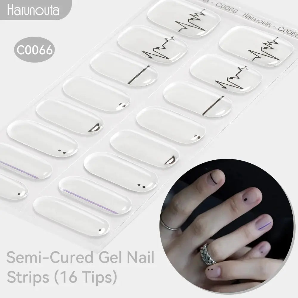 Gradient Auroras semi-cured gel nail strips, 16 tips, white with subtle line accents by Simples Market for UV/LED lamps