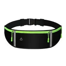 Simples Market outdoor running waist bag, black with neon green zippers, three waterproof pockets.