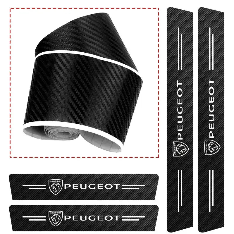 5-piece carbon fiber look car door sill protector and pedal decal set for Peugeot, by Simples Market