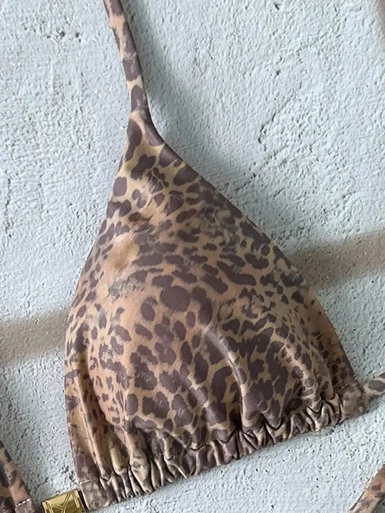 Leopard print bikini top by Simples Market; triangle cups, thin straps