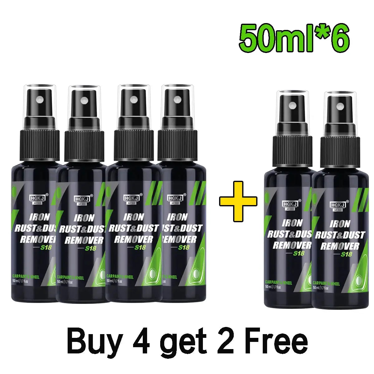 HGKJ Iron Rust & Dust Remover spray bottles from Simples Market, 50 ml each, set of 6, black with green accents