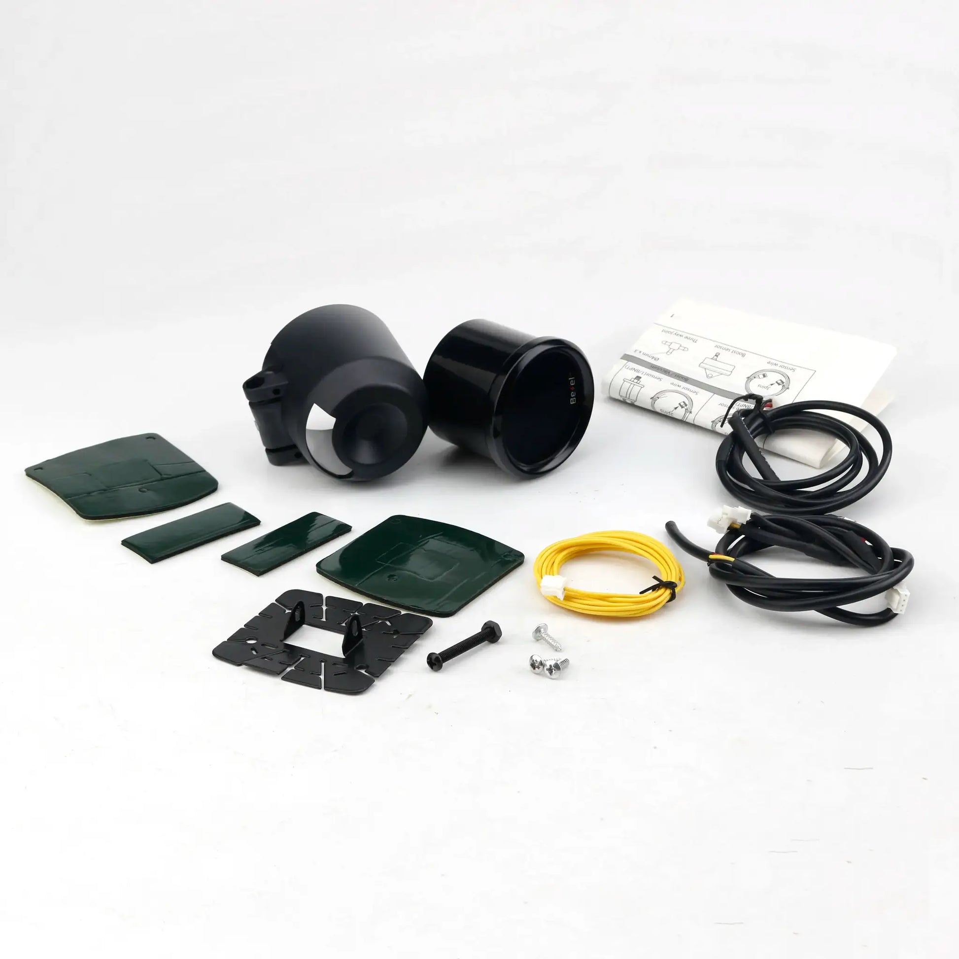 52mm car gauge kit by Simples Market with black gauge housings, wiring, brackets and instruction sheet