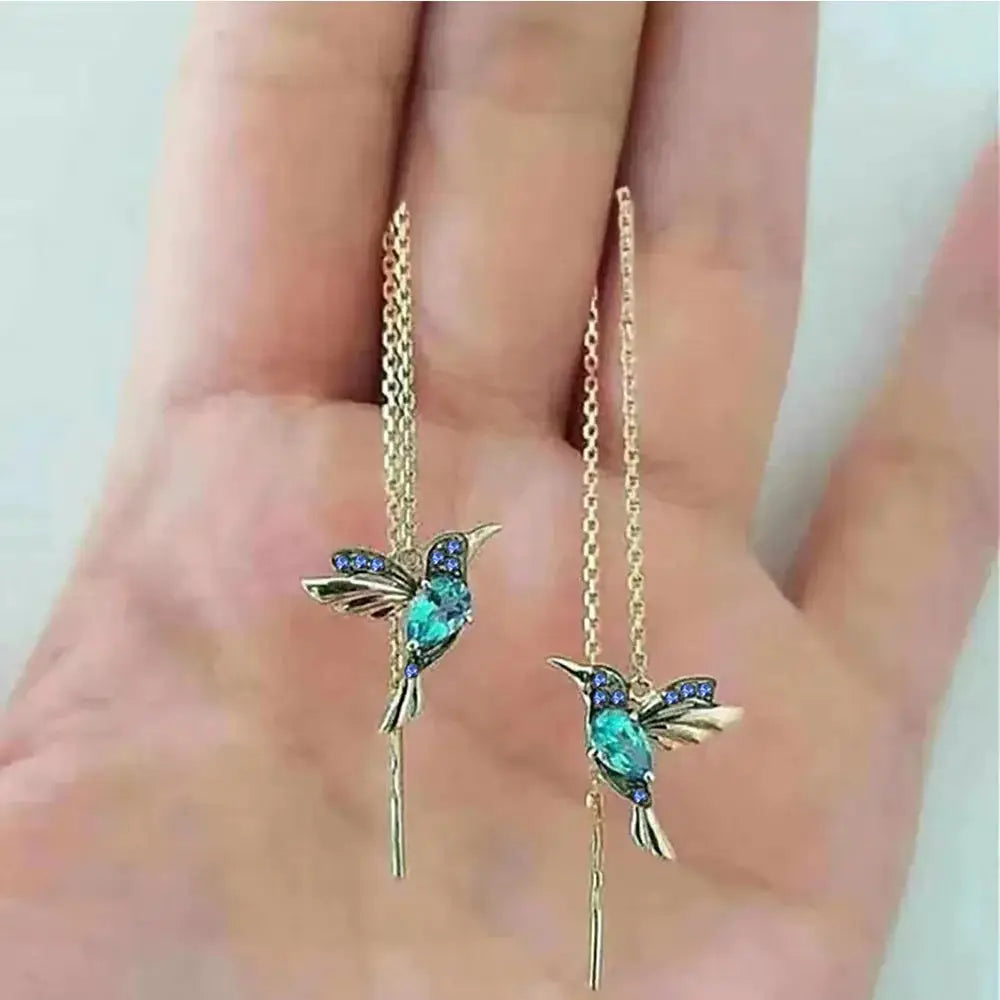 Hummingbird Red CZ Long Drop Earrings For Women Gold Tone Metal Wing Spreading Wedding Party Jewelry