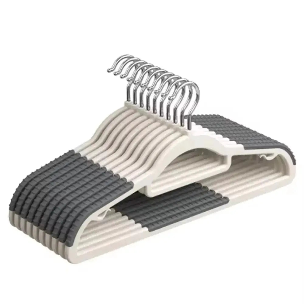 12 anti-slip plastic clothing hangers with textured shoulder grips and metal hooks