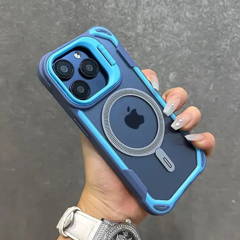 Simples Market Armor Fold lens stand MagSafe case in blue for iPhone Pro models