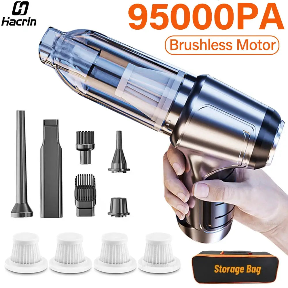 Car vacuum cleaner by Hacrin cordless with 9500PA brushless motor; blue canister, attachments, 4 filters