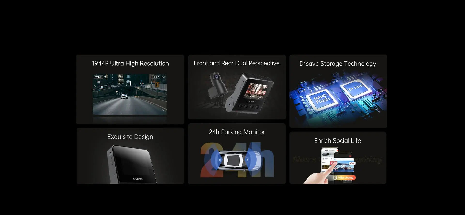 DDPAI Z40 dash cam; black, six feature panels highlight 1944P HD, front/rear dual view, 24h parking monitor.