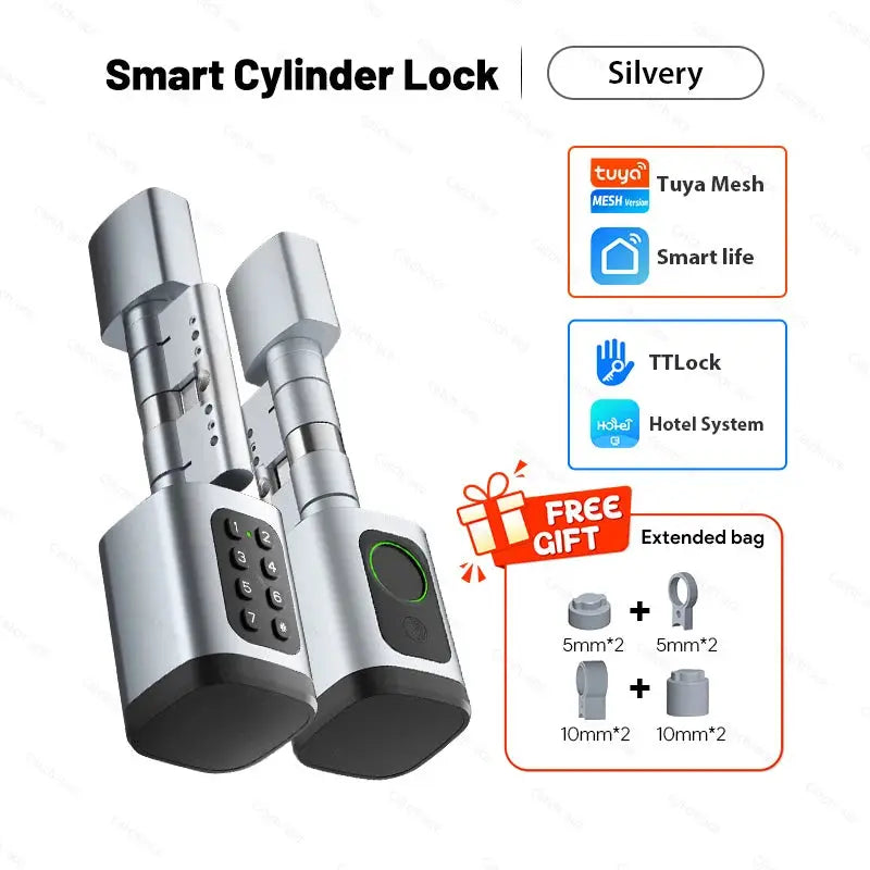 Two silvery V1 Pro+ smart cylinder locks with keypad and fingerprint sensor; RFID compatible, Tuya/TTLock
