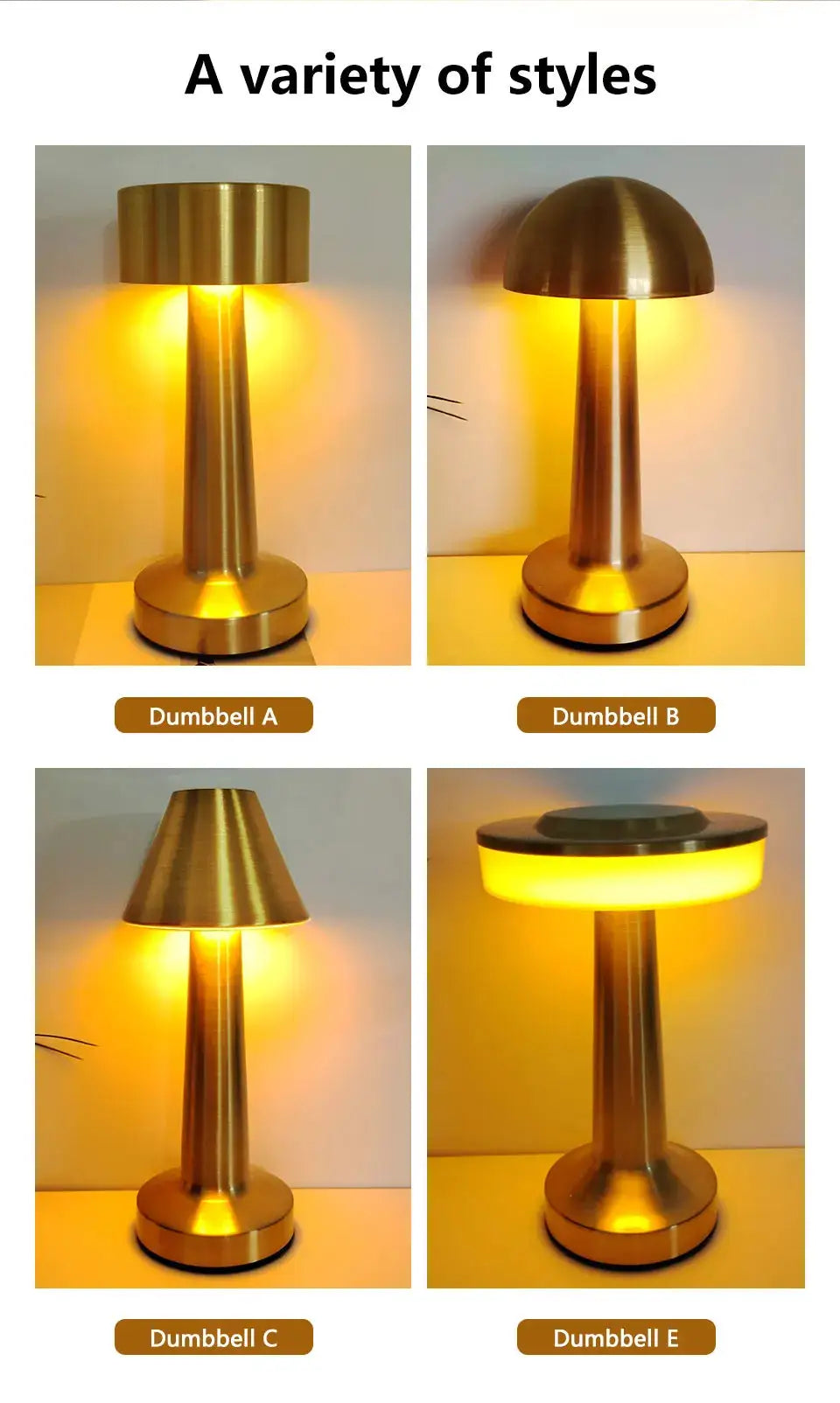 LED metal touch table lamp with brass-gold finish; rechargeable decorative desk light, four style variants shown