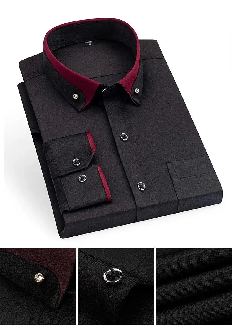 Men's black dress shirt by Simples Market with burgundy collar and cuffs, button-down with pocket.