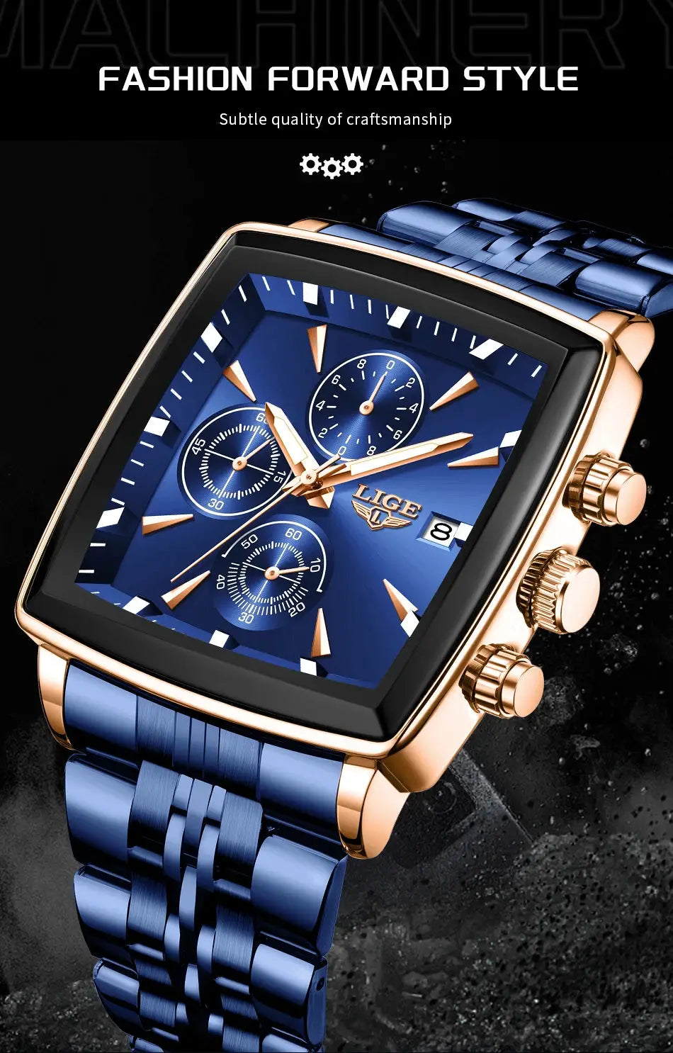 Relógio masculino LIGE com caixa dourada e pulseira azul de aço, cronógrafo à prova d’água