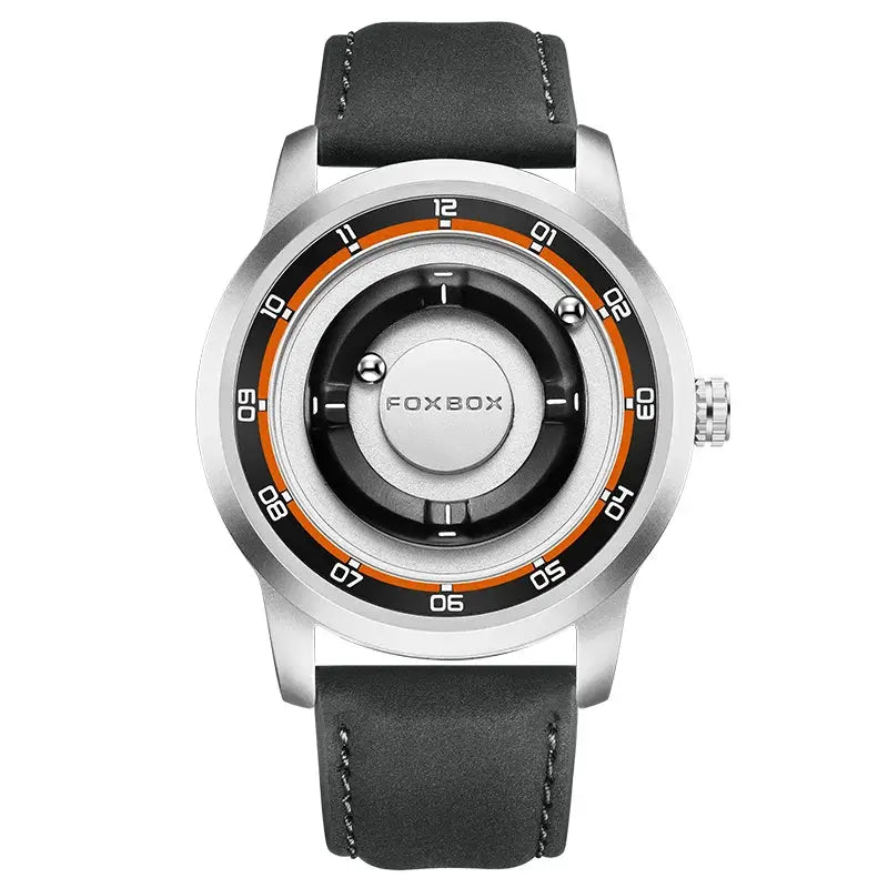 FOXBOX men's wristwatch with black leather strap, white stitching, silver case and orange ring detail.