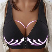 Push-up front-closure bra in black without steel ring; full-support bralette