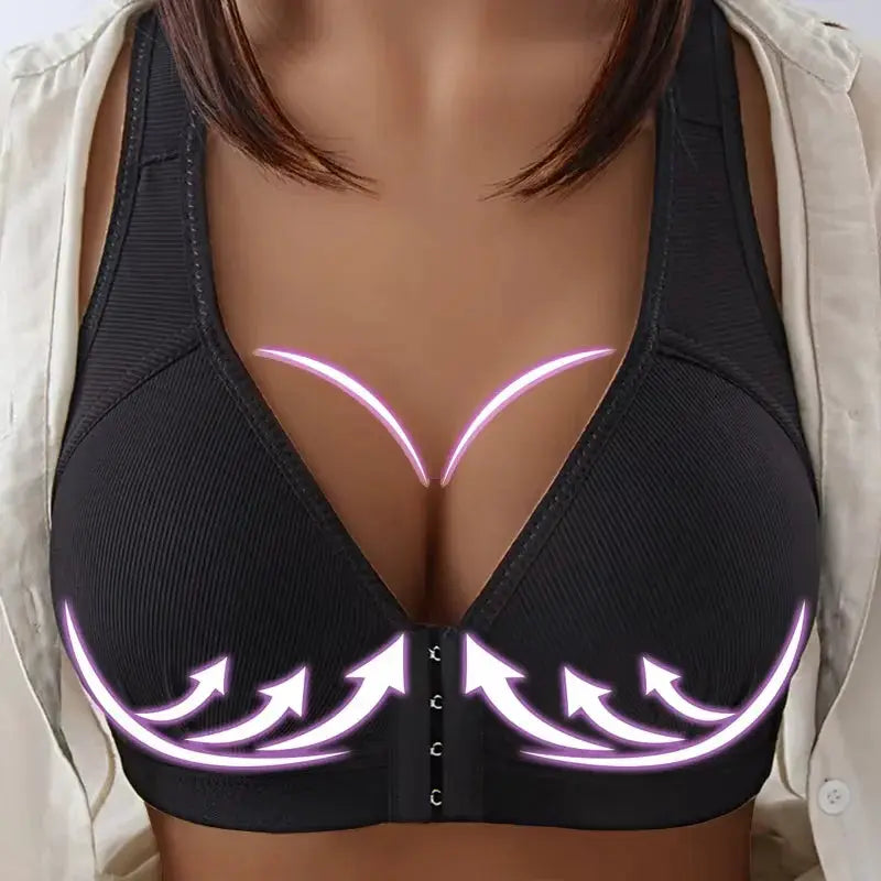 Push-up front-closure bra in black without steel ring; full-support bralette