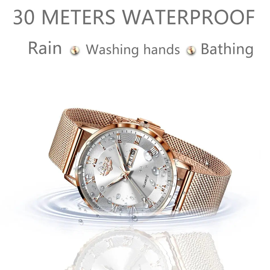 LIGE women's rose gold stainless steel mesh bracelet watch with analog dial